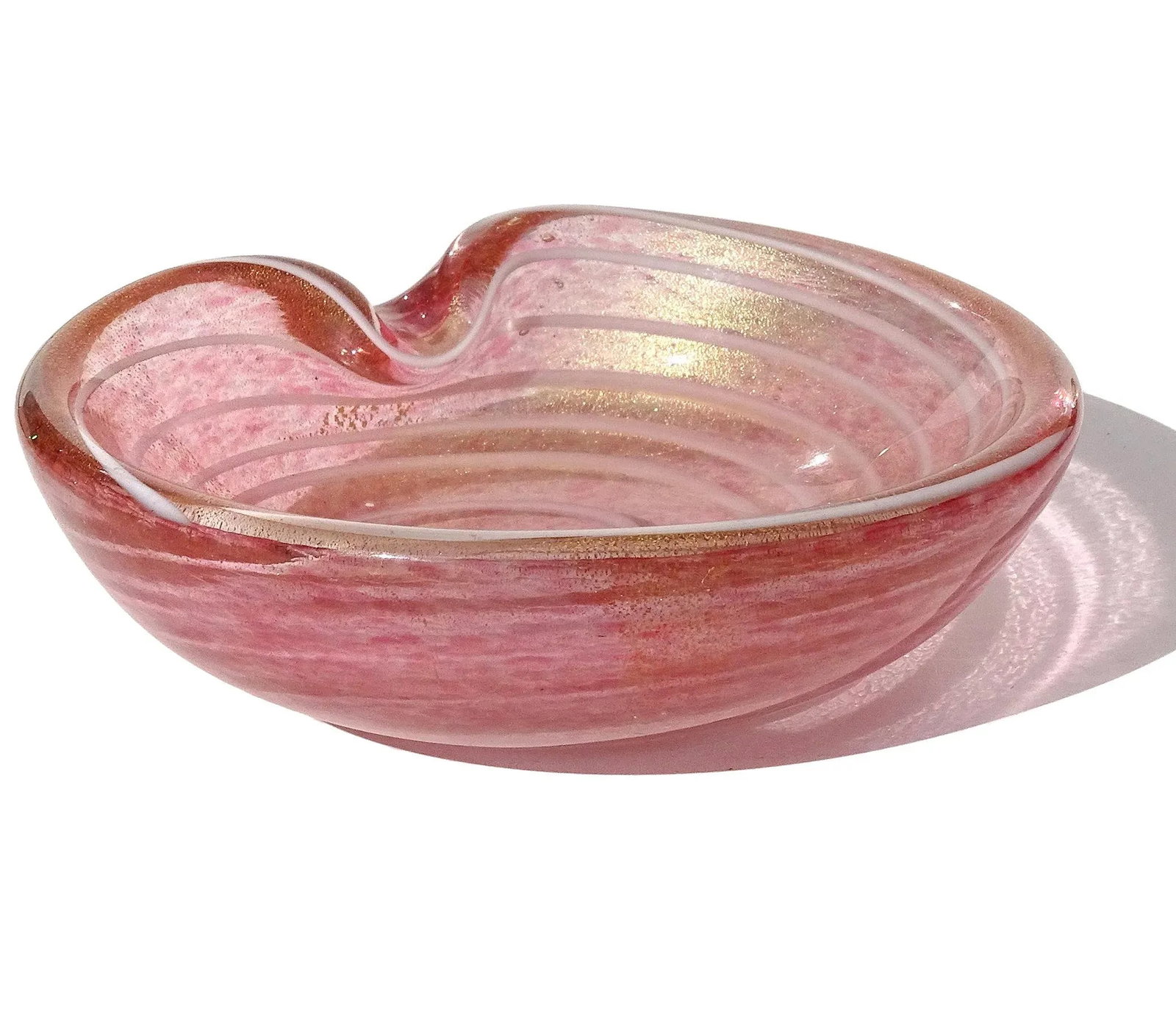 Vintage Barbini Murano Pink White Swirl Gold Flecks Italian Art Glass Decorative Ring Bowl Vide Poch - 2