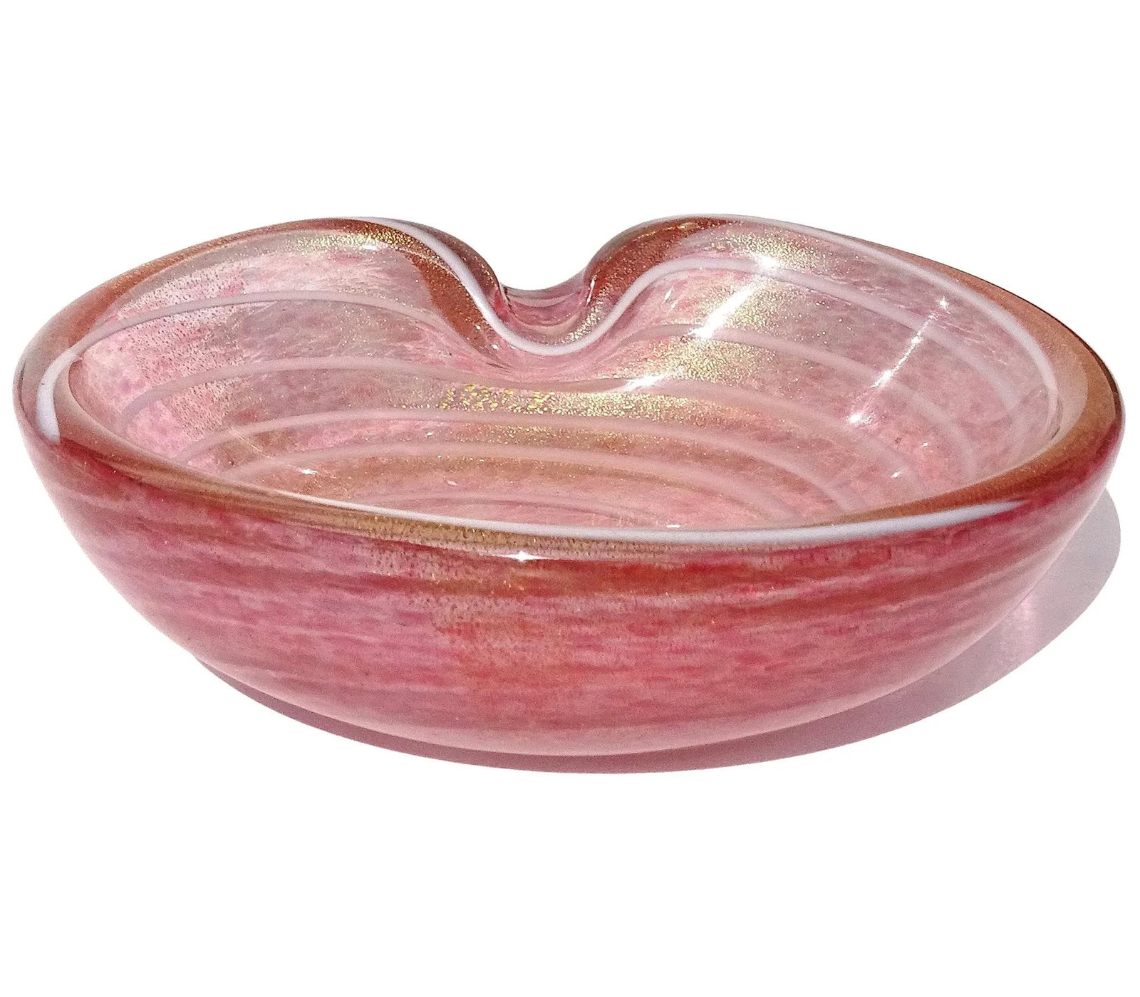 Vintage Barbini Murano Pink White Swirl Gold Flecks Italian Art Glass Decorative Ring Bowl Vide Poch - 3