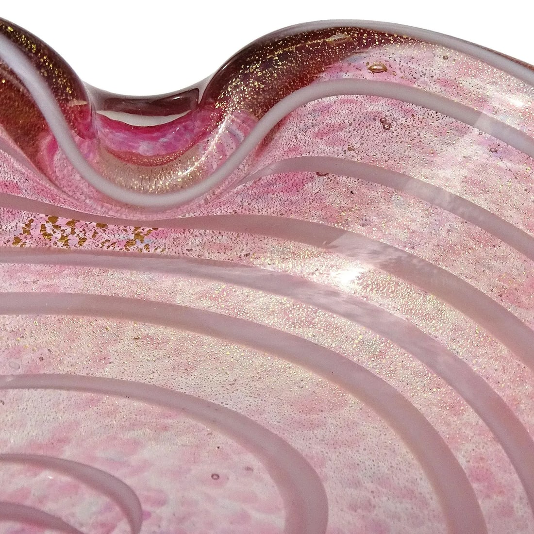 Vintage Barbini Murano Pink White Swirl Gold Flecks Italian Art Glass Decorative Ring Bowl Vide Poch - 4