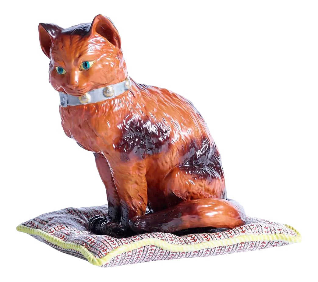 Oggetti Mangani Painted Porcelain Cat on Pillow: Painted porcelain cat on pillow by Oggetti Mangani made in Italy circa 1970s Measures 11" high, 10.5" wide, and 9" deep In very good condition Condition: Alterations: Original Condition Unaltered