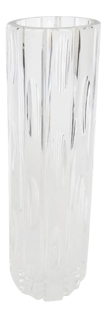 Round Modernist Crystal Vase: Heavy lead crystal vase in elliptical design in alternating clear and frosted glass by Joska Kristall. Condition: Alterations: Unknown Imperfections: Some Imperfections Condition Notes: In excellent