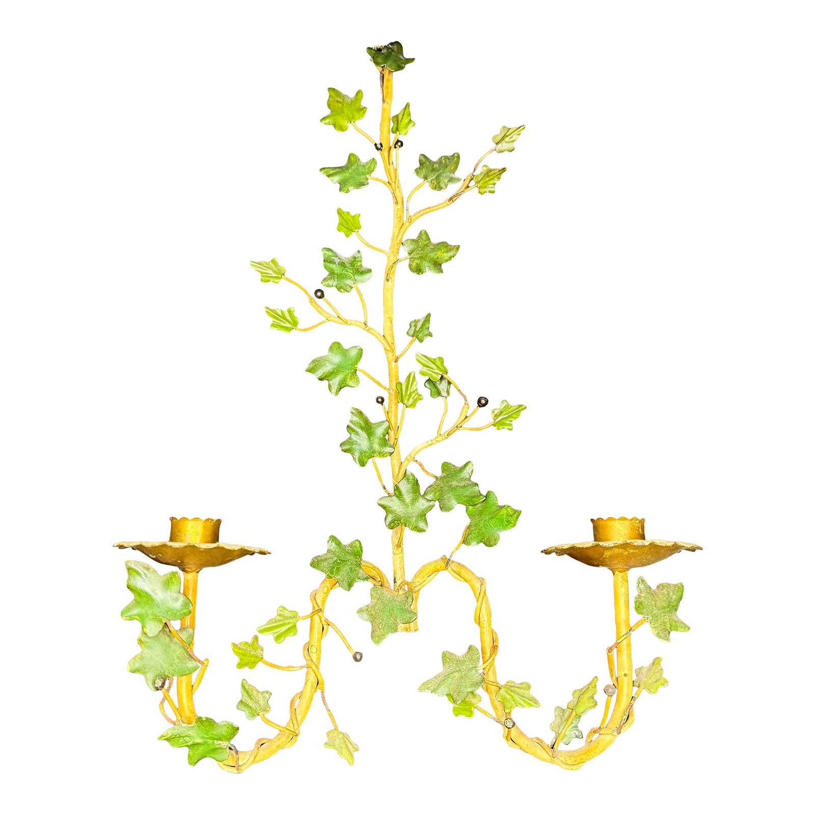 Late 20th Century French Toleware Ivy Double Arm Candle Sconce: This exquisite 1980s metal ivy toleware sconce captures the elegance and charm of vintage decor. Handcrafted with intricate detailing, the sconce features gracefully intertwined ivy leaves and vines,