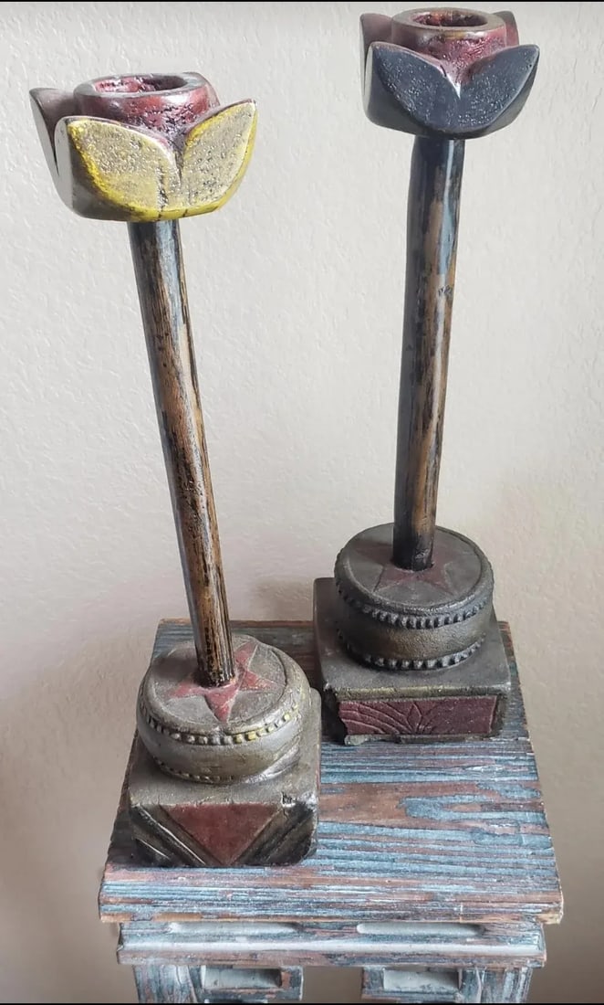 Antique Provincial Chinese Candle Holder - Folk Art - a Pair - 10