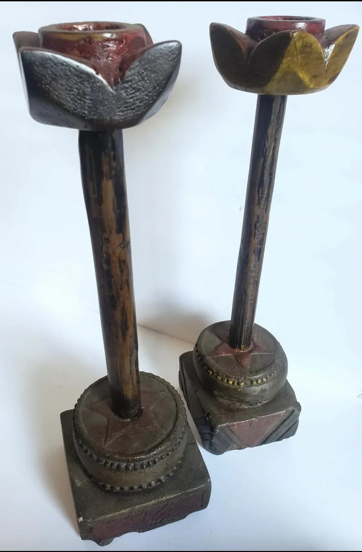 Antique Provincial Chinese Candle Holder - Folk Art - a Pair - 11