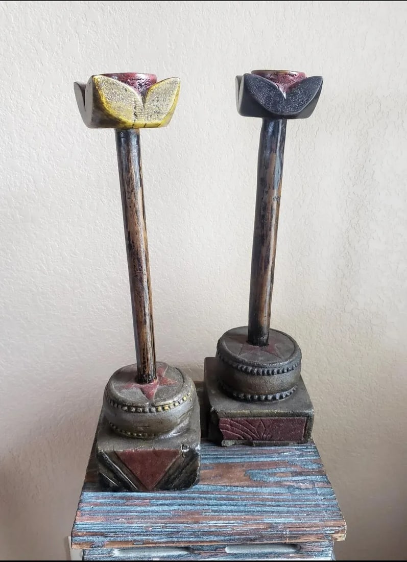 Antique Provincial Chinese Candle Holder - Folk Art - a Pair - 12