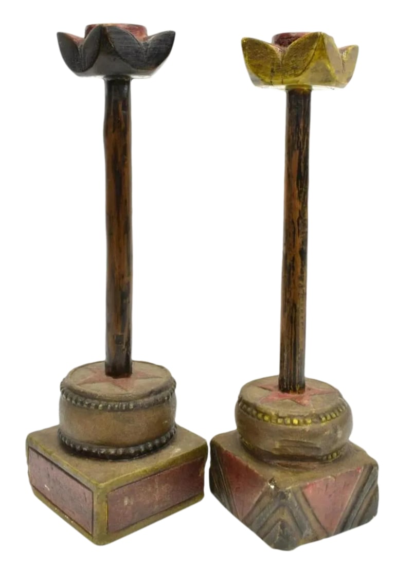 Antique Provincial Chinese Candle Holder - Folk Art - a Pair: A rustic and whimsical pair of one of a kind handmade candlesticks from provincial northern China. An easy way to add rustic character and charm to the home. The chinese candle holder / candle stick