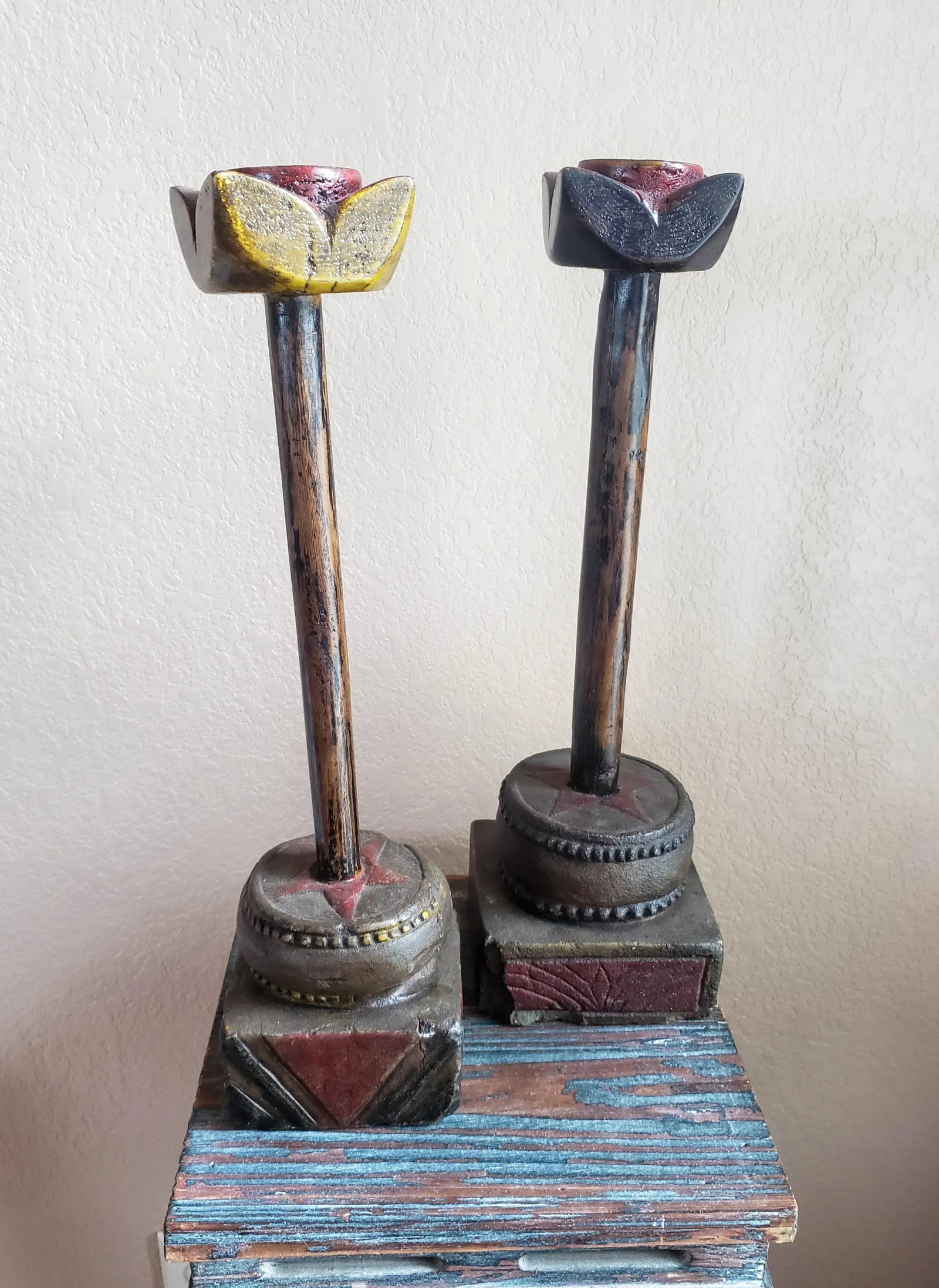 Antique Provincial Chinese Candle Holder - Folk Art - a Pair - 3