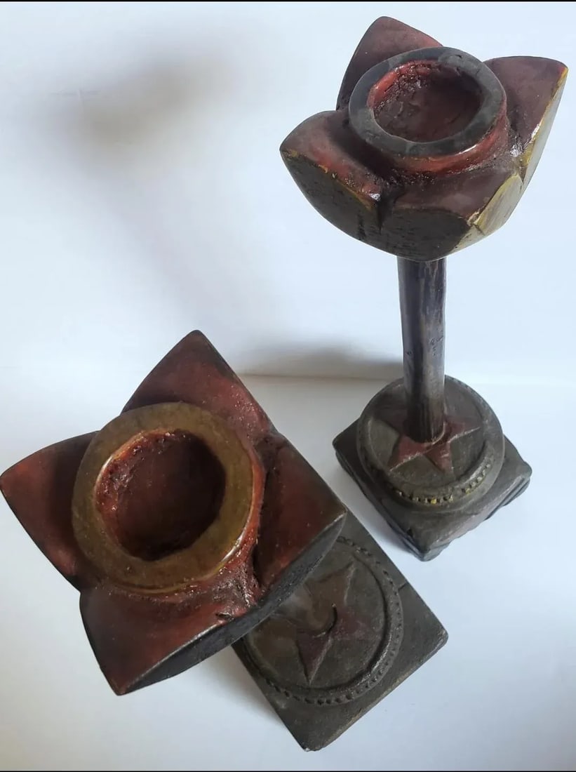 Antique Provincial Chinese Candle Holder - Folk Art - a Pair - 4