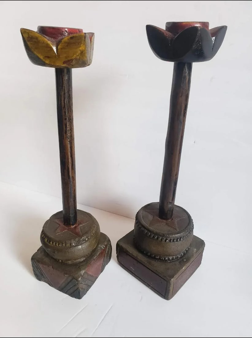 Antique Provincial Chinese Candle Holder - Folk Art - a Pair - 8