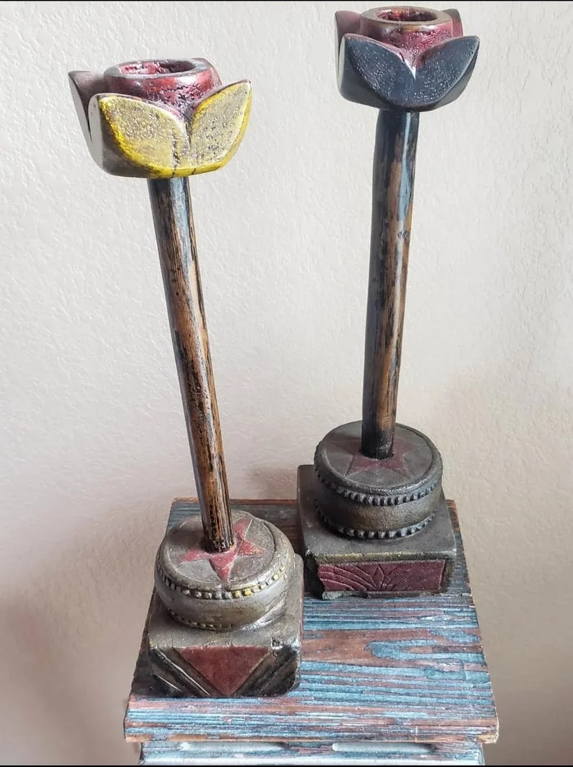Antique Provincial Chinese Candle Holder - Folk Art - a Pair - 9