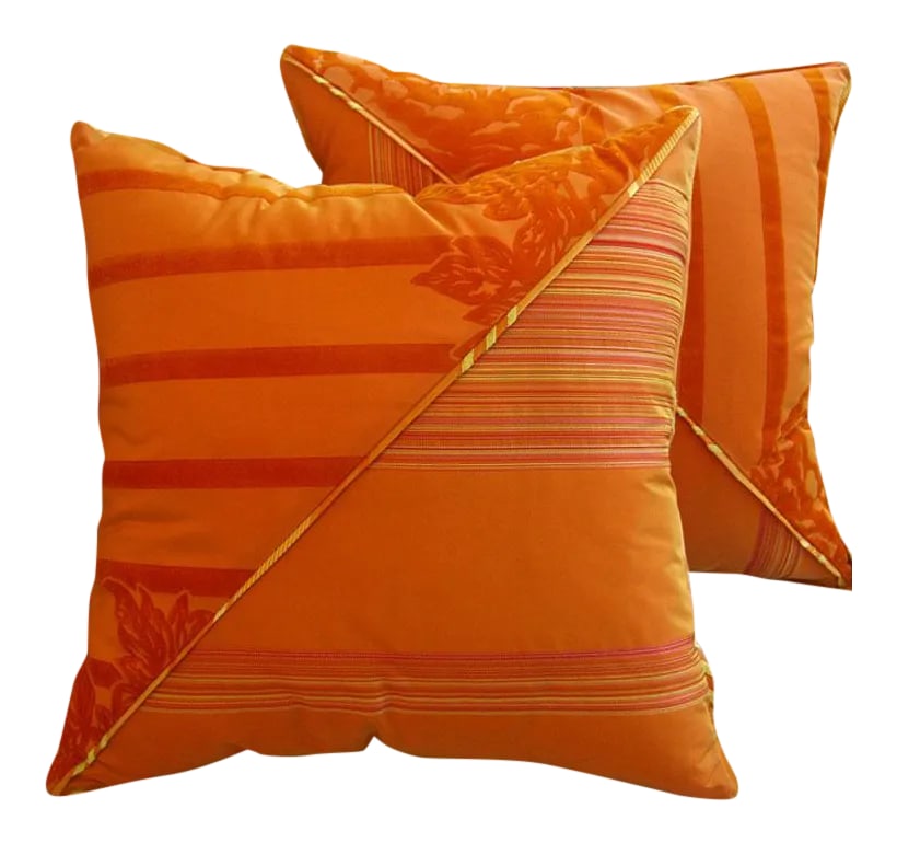DWM | MALOOS Dia Orange Flocked Pillows - A Pair: Pair of Dia Orange Flocked Pillows. It's called Dia, prefix dia- means "across" and has two different patterns, similarly color, which work together well. These handmade pillows are zippered and have
