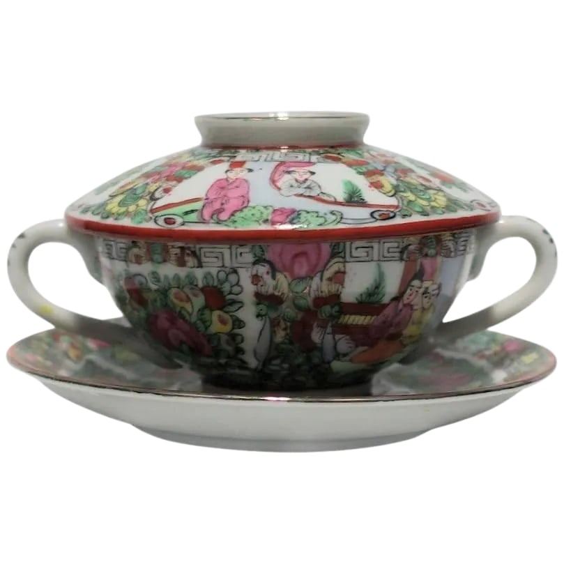 Vintage Famille Rose Tea Cup or Soup Set: A very beautiful vintage famille rose three-piece hand-decorated porcelain tea or soup set. The three pieces make up one set, which includes tea/coffee/soup cup, saucer and lid, circa mid-20th