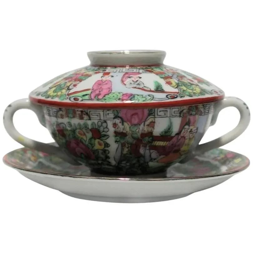 Vintage Famille Rose Tea Cup or Soup Set - 9