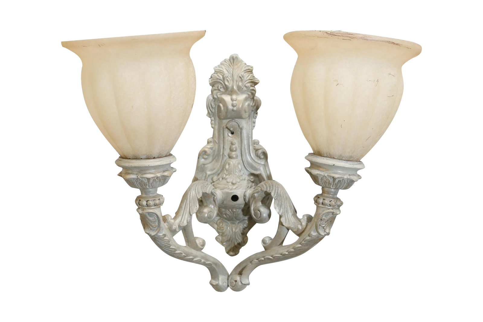 Two Arm Cast Iron Wall Lamp: Decorative 2 arm cast iron wall lamp with glass shades and new wiring Two other light fixtures are available for additional $299.00. each. Total of 3 light fixtures sold separately. Please use the