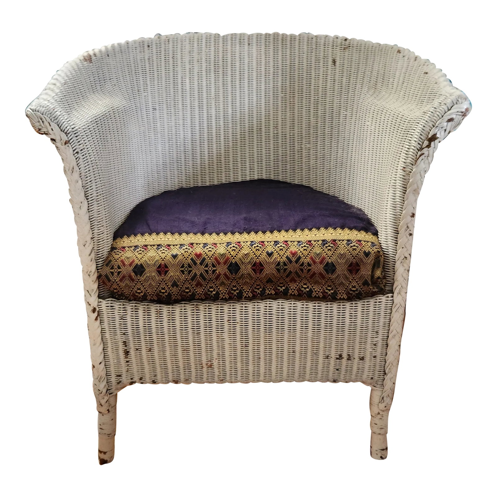1930s Lloyd Loom Country Porch Chair: A 1930s English Lloyd Loom chair. It looks like wicker but is actually metal wire cover in paper. Extremely strong and hard wearing. Perfect for a porch. Condition: Alterations: Original Condition