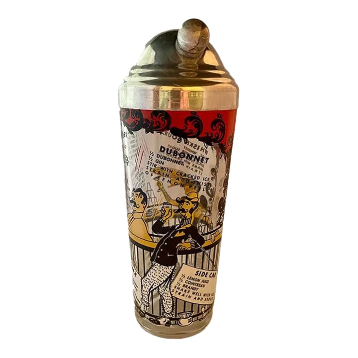 Mid 20th Century Hazel-Atlas "Gay '90s" Glass Cocktail Shaker With Recipes: Fabulous Hazel Atlas glass cocktail shaker with fantastic illustrations and recipes for MCM drinks! This is a hard-to find item will be an amazing addition to your bar. Vibrant colors illustrate