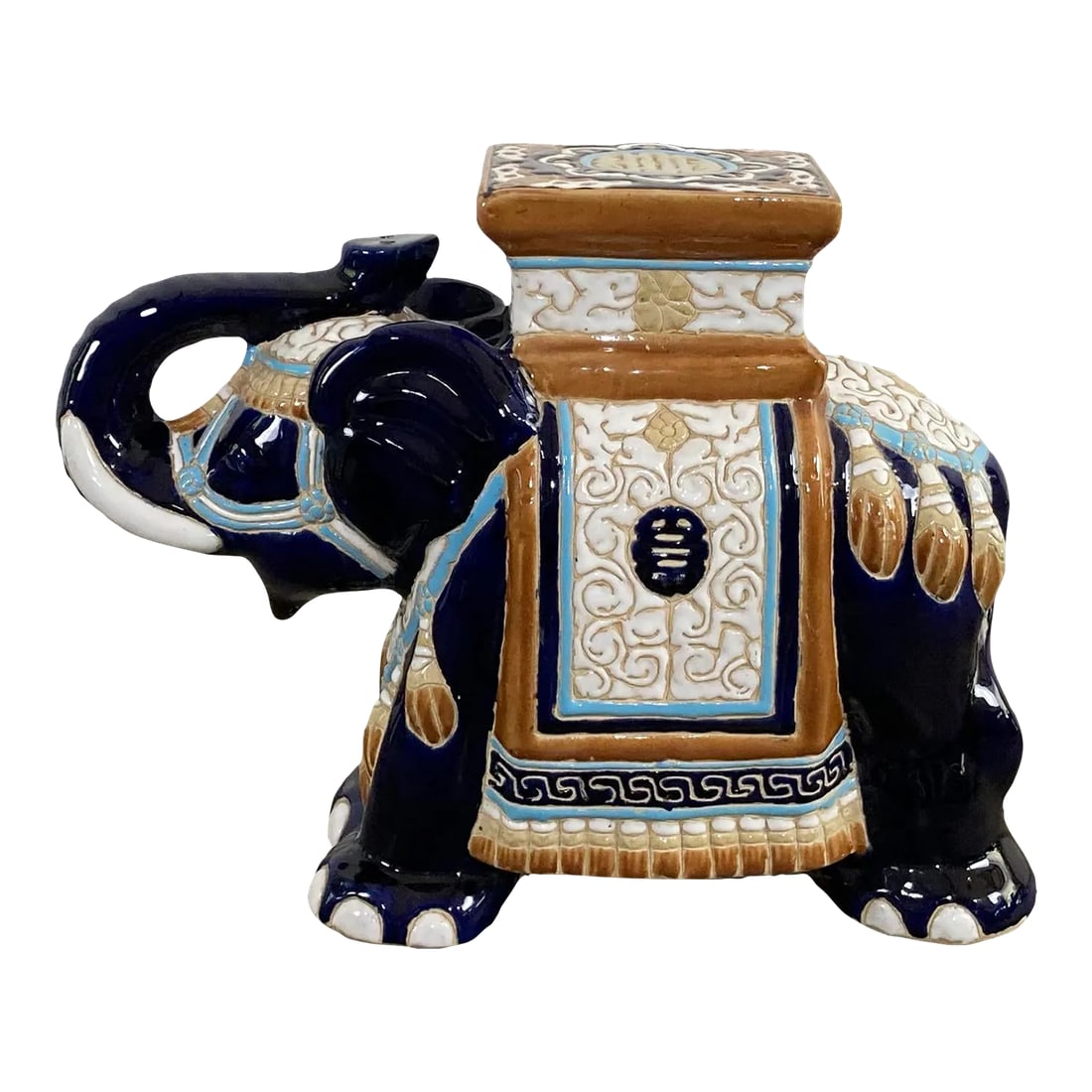Vintage Colorful Ceramic Elephant Garden Stool: Vintage ceramic elephant garden stool in rich shades of navy and ivory. Wonderful design detail and presence in a uniquely classic colorway. Alternative use as a side table or plant stand. Natural