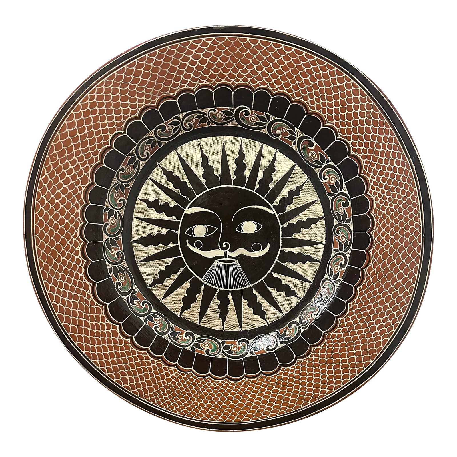 Late 20th Century Sun Folk Art Plate From Tonala, Mexico: Intricately painted, vintage, folk art plate from Tonala, Mexico. A fantastic, whimsical male sun is centrally set to brighten your day. Care and dedication were put into this elaborate design. Tradit