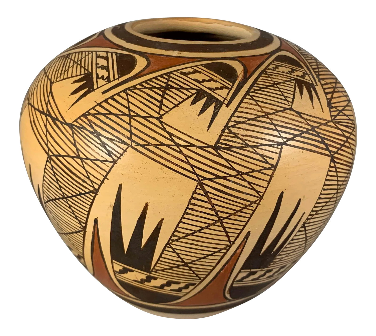 Signed Hopi Pueblo Miriam Nampeyo Polychrome Seed Pot: Small seed jar with fine painted and detailed polychromatic migration feather design and fire clouds. Signed by Miriam Nampeyo of the Hopi Pueblo. Influenced and instructed by her mother and sister,