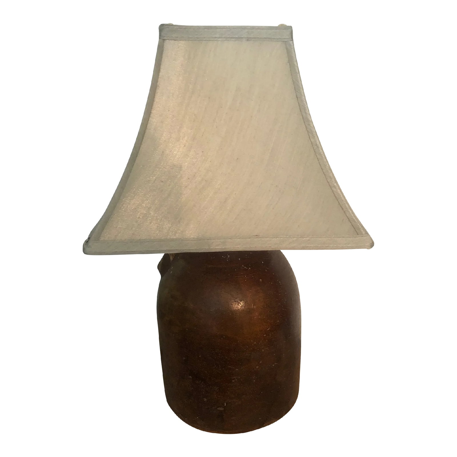 Vintage Crock Wear Jug and Shade: Vintage jug lamp Plug in lamp adapter Square silk style lamp shade Condition: Alterations: Original Design Modified Imperfections: Some Imperfections Condition Notes: Working condition Wear to crock