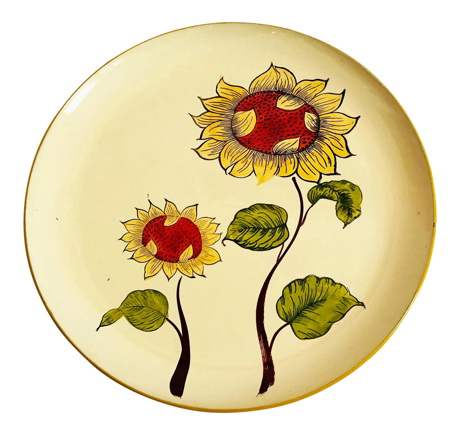 Large Vintage Lacquerware Sunflower Tray: A large round vintage lacquerware plastic tray with red and green sunflower design on a pale yellow background. Made in Japan. Condition: Alterations: Original Condition Unaltered Imperfections: Some