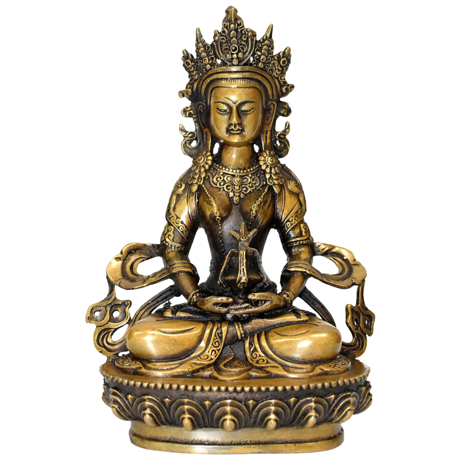 Tibetan Amitayus Buddha: The beautiful bronze sculpture is of The Tibetan Amitayus, the Bodhissatva/Buddha of infinite life. Adorned with necklaces, crown and sashes decorated with rosettes, pearls and medallions, Buddha is s