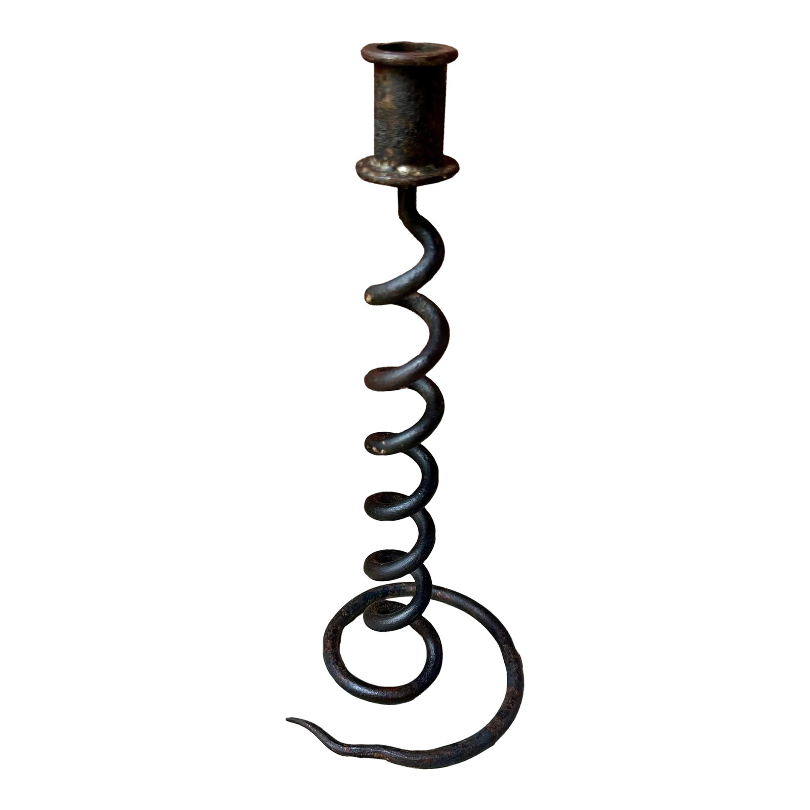 Vintage Brutalist Handcrafted Forged Iron Spiral Snake Candlestick: Vintage hand forged spiral snake candlestick. Heavy and in great condition. Condition: Alterations: Original Condition Unaltered Imperfections: Some Imperfections Condition Notes: Perfect condition.