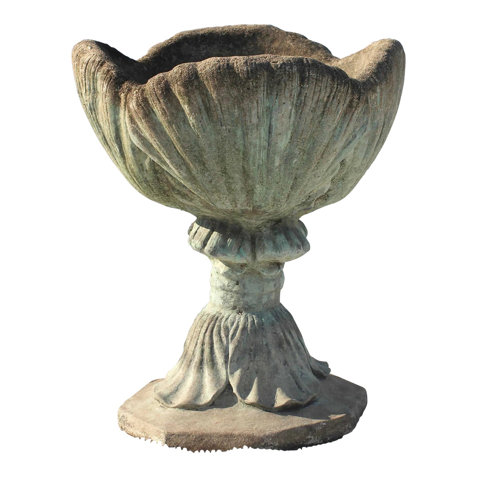 Mid 20th Century Seashell Concrete Planter: A unique and wonderful concrete planter made of a shell design. Similar to the acanthus leaf planters but using clamshells instead. Metal pipe through the center for drainage. Wonderful patina with