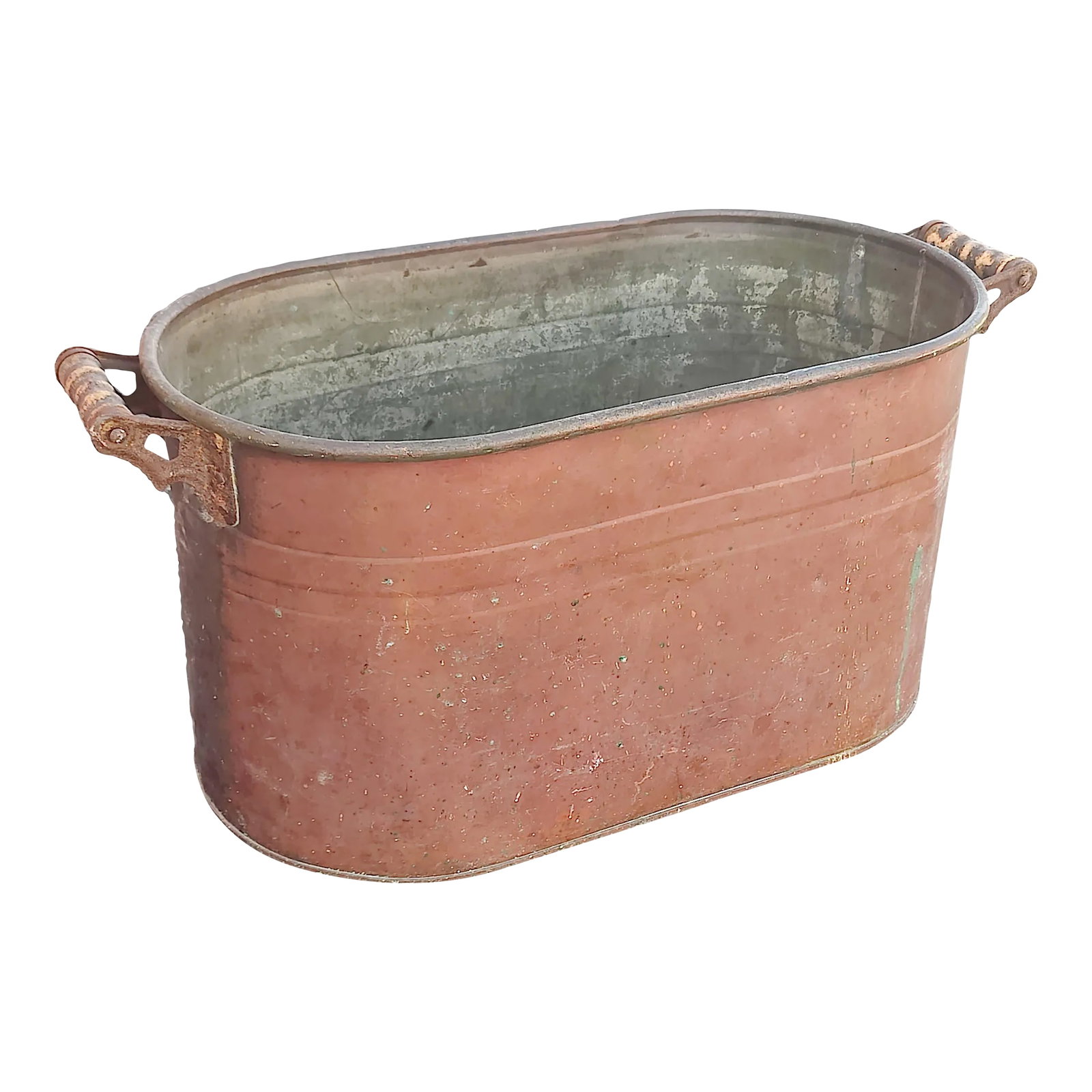 Vintage Primitive Copper Boiler/Wash Tub Pot With Wooden Handles: Vintage old copper bucket wonderful original vintage piece does have dents no cuts in copper heavy old original Midwest piece Condition: Alterations: Original Condition Unaltered Imperfections: Some I