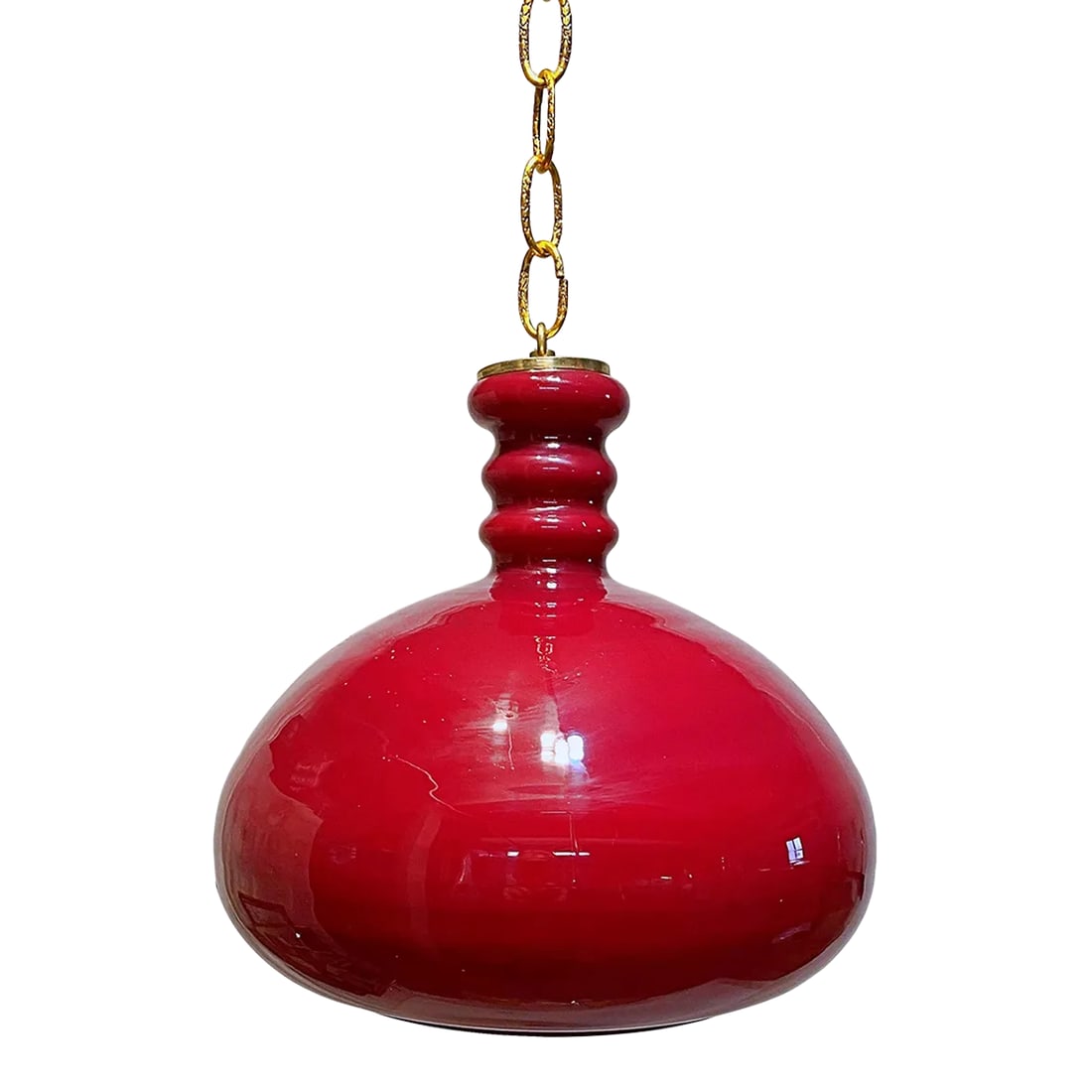 Vintage Red Glass Pendant Light: Mid-Century cherry red glass shade pendant. It has one Edison based socket. #421 Condition: Alterations: Original Condition Unaltered Imperfections: Some Imperfections Condition Notes: cleaned and rew