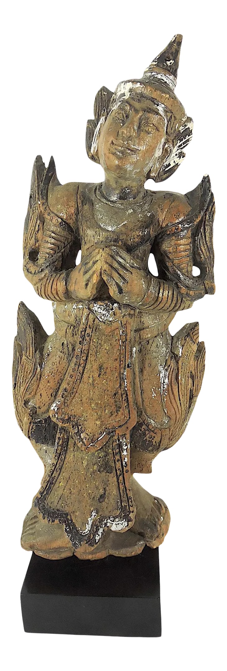 Late 19th Century Antique 'Teppanom' Temple Angel, Mounted Wood Statue Figure (Thailand): Very old Thai statue professionally mounted and pinned on a black base. These temple angels and protectors are generally from the Chang Mai area - hand crafted from very old wood - age unknown, likely