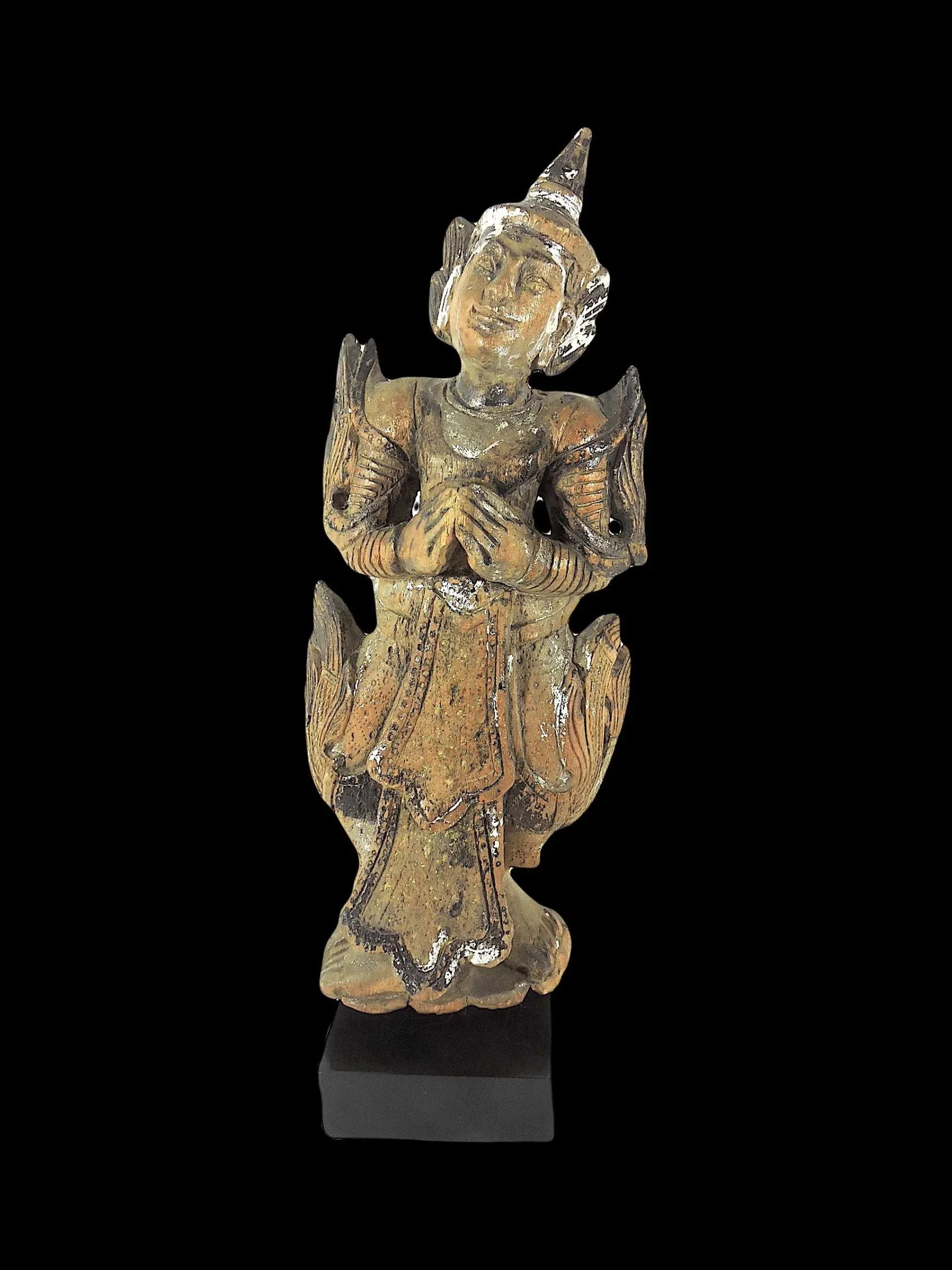 Late 19th Century Antique 'Teppanom' Temple Angel, Mounted Wood Statue Figure (Thailand) - 2