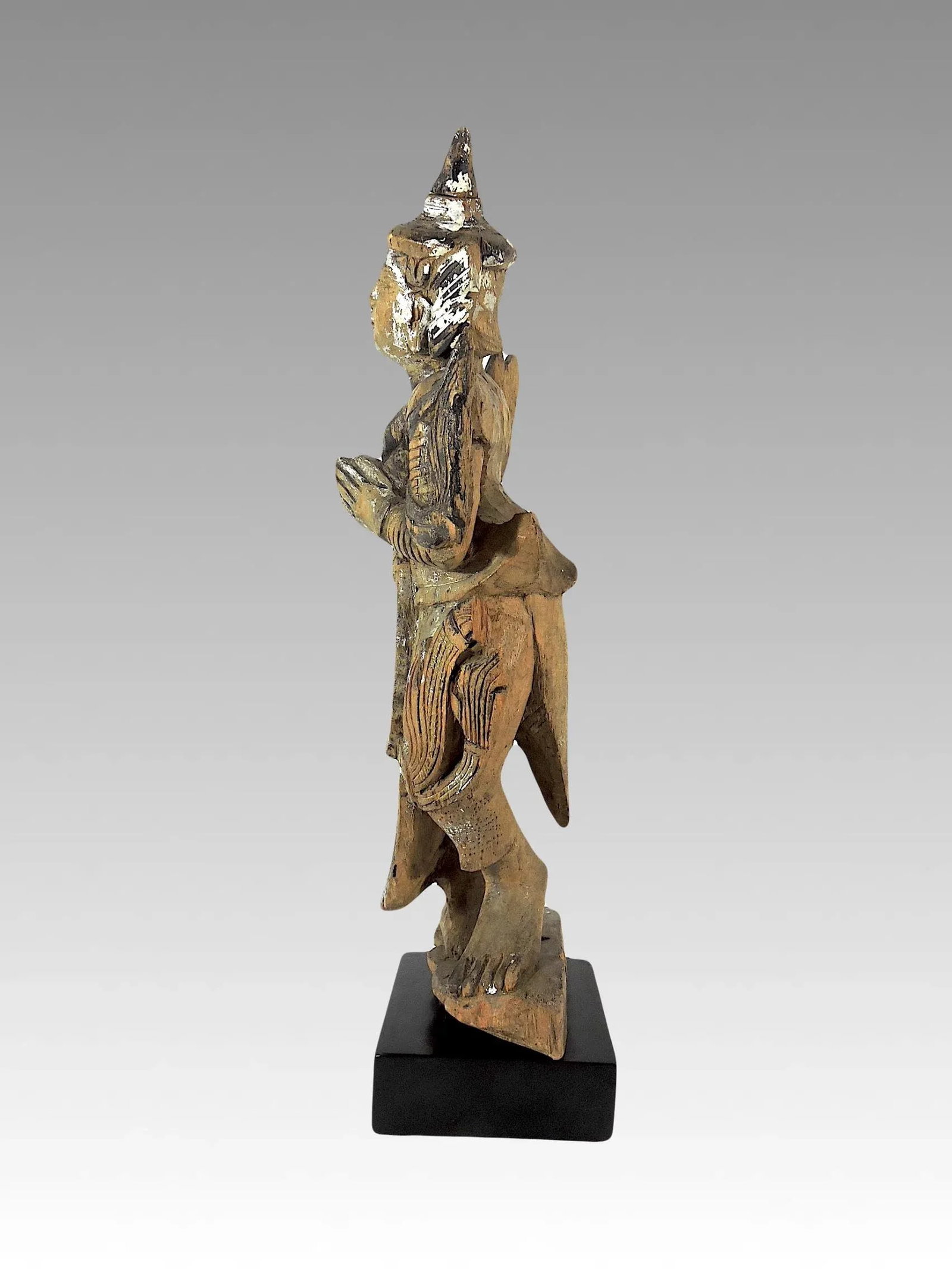 Late 19th Century Antique 'Teppanom' Temple Angel, Mounted Wood Statue Figure (Thailand) - 3