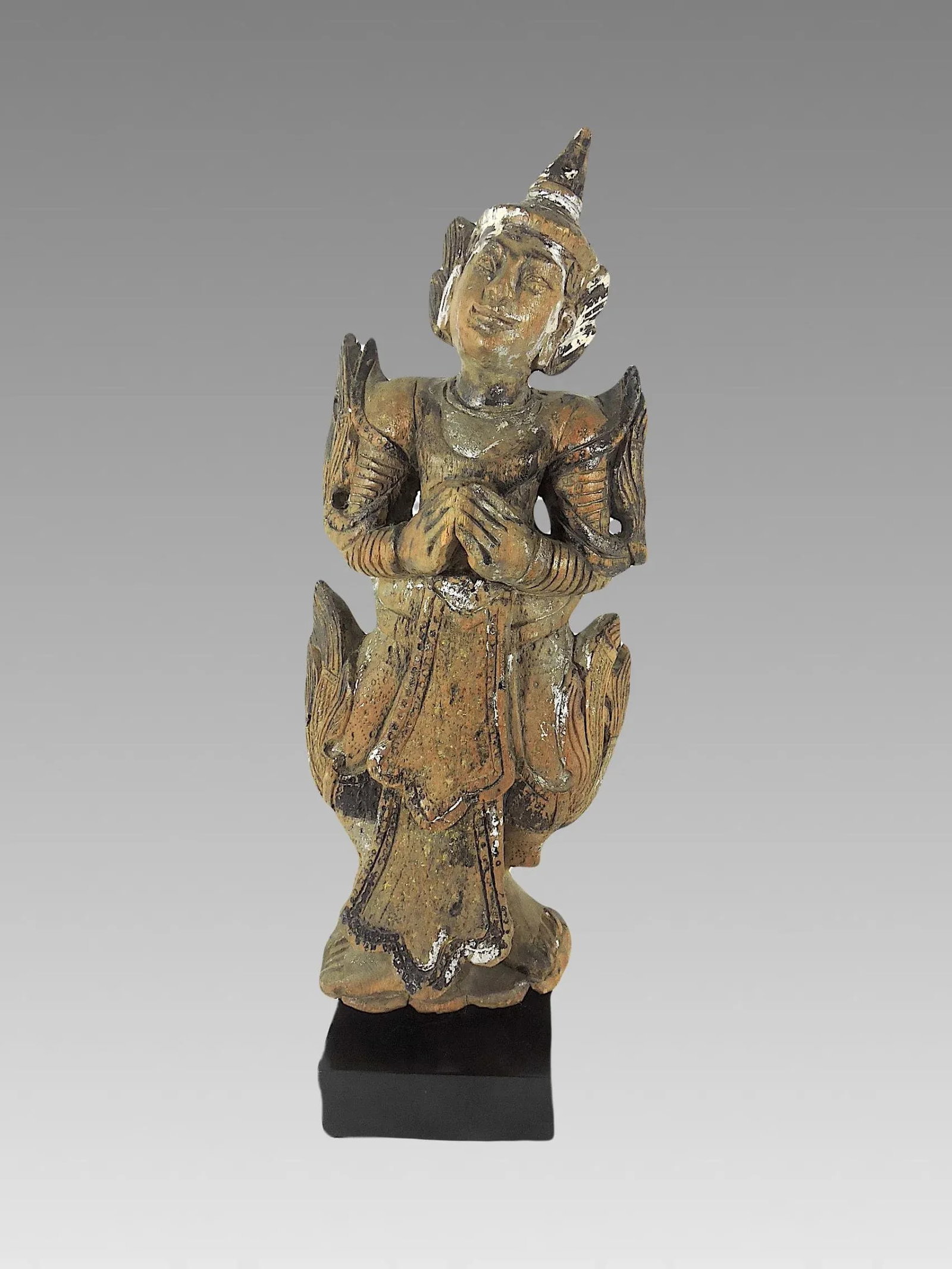 Late 19th Century Antique 'Teppanom' Temple Angel, Mounted Wood Statue Figure (Thailand) - 4