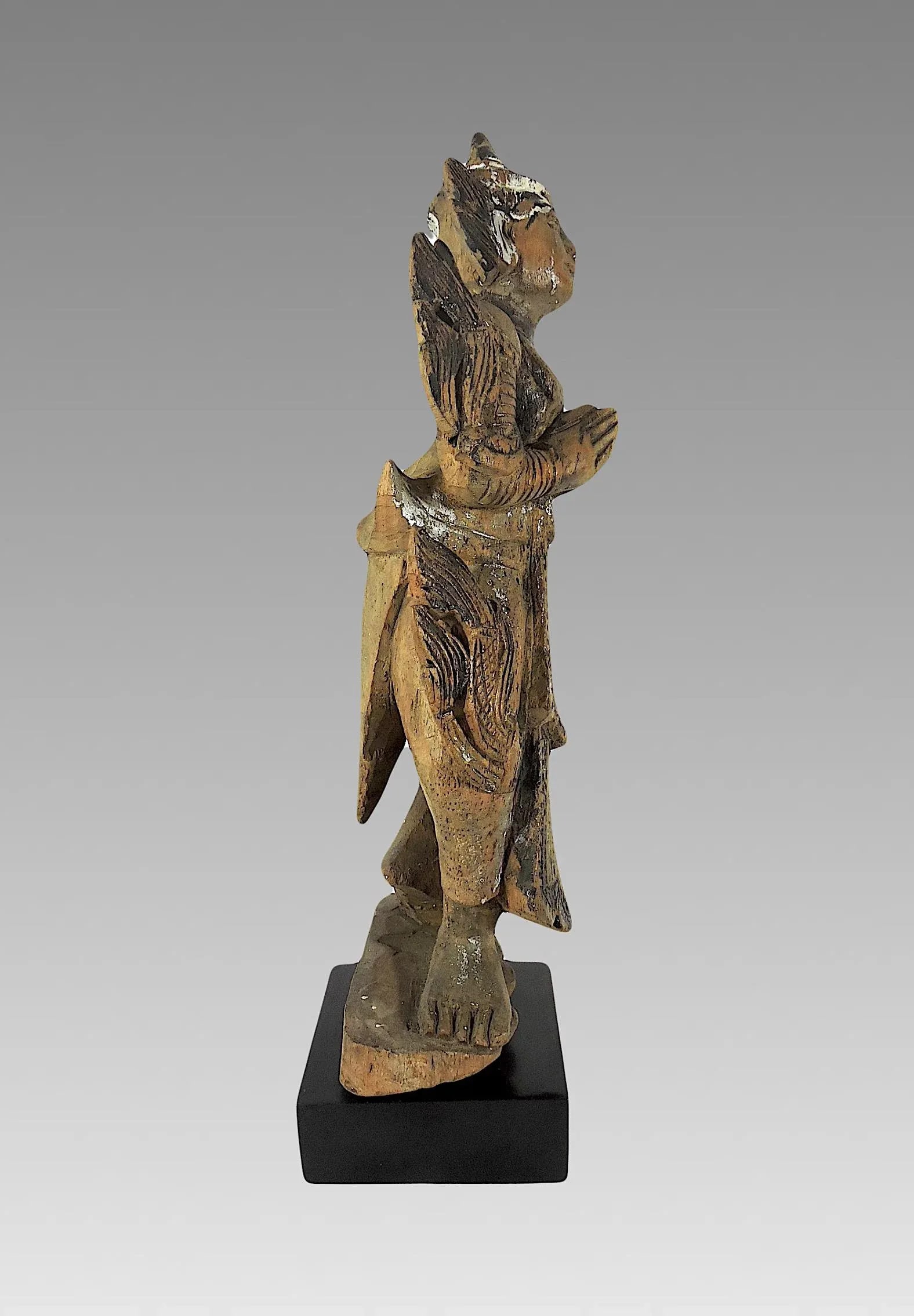 Late 19th Century Antique 'Teppanom' Temple Angel, Mounted Wood Statue Figure (Thailand) - 5