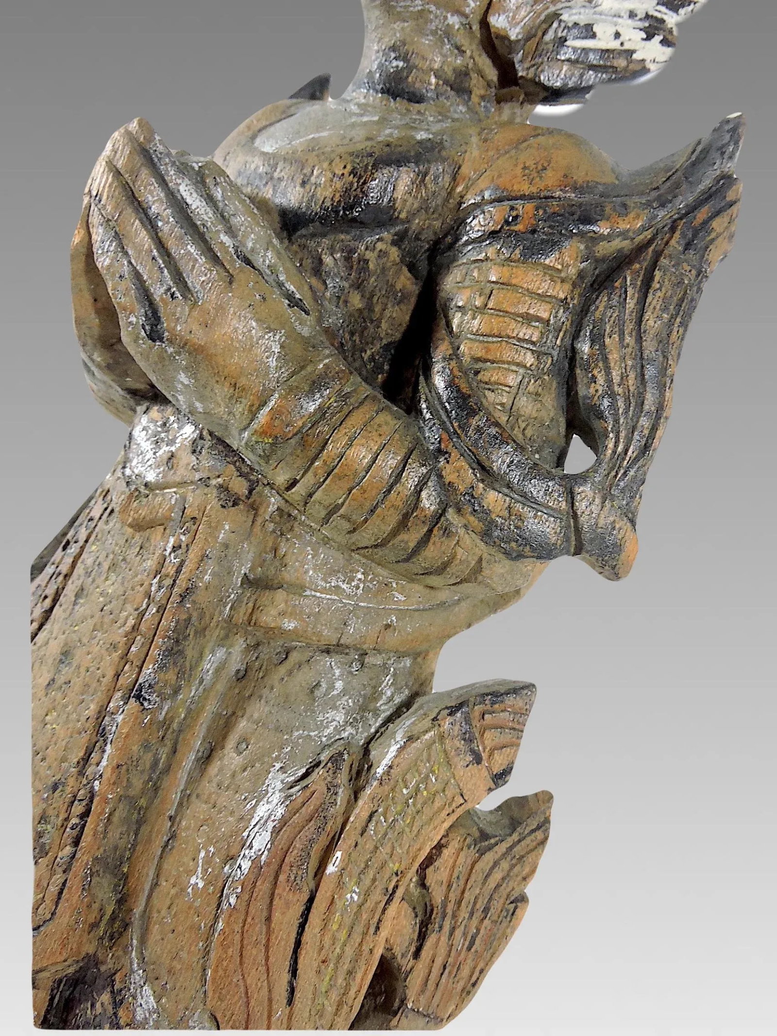 Late 19th Century Antique 'Teppanom' Temple Angel, Mounted Wood Statue Figure (Thailand) - 7