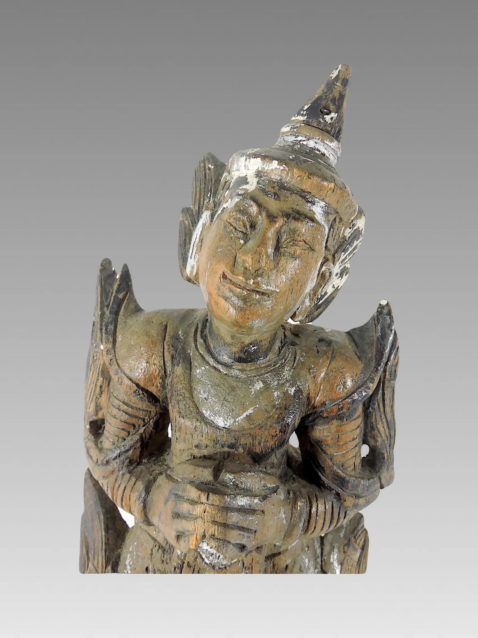 Late 19th Century Antique 'Teppanom' Temple Angel, Mounted Wood Statue Figure (Thailand) - 8