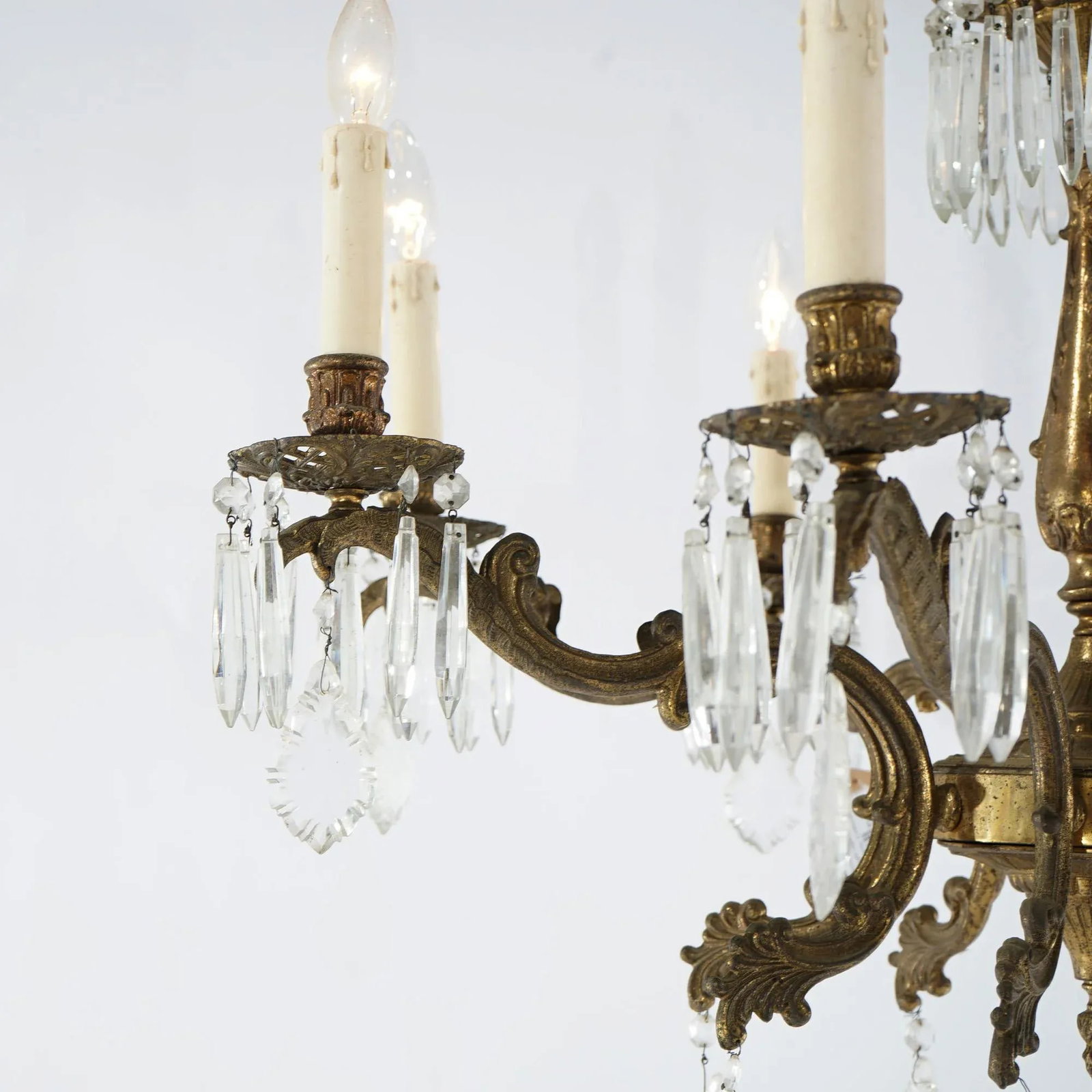 Oversized Antique French Style Brass, Bronze & Crystal 8-Light Chandelier Circa 1940 - 11