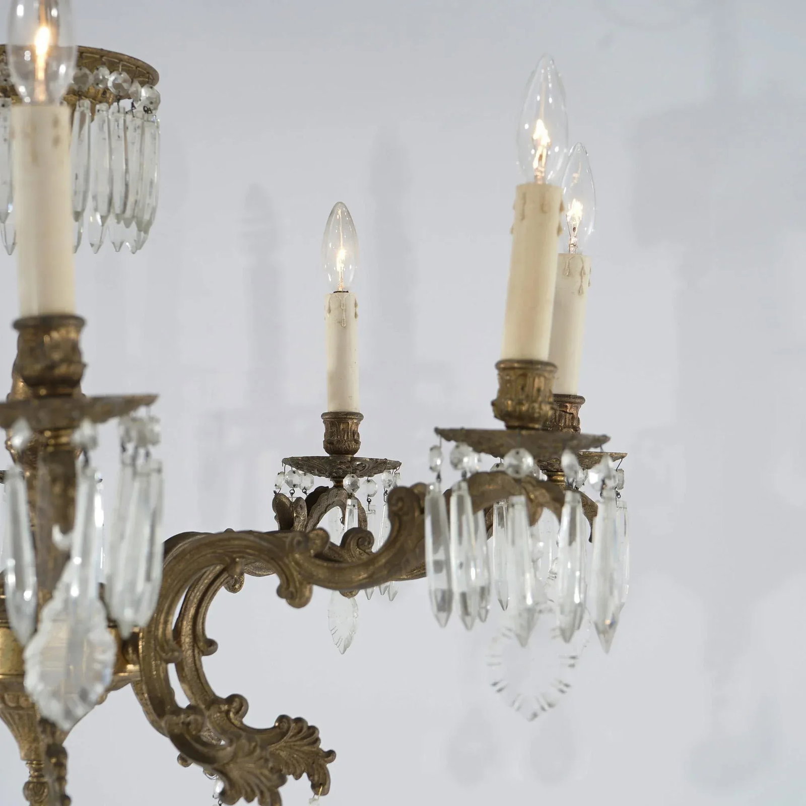 Oversized Antique French Style Brass, Bronze & Crystal 8-Light Chandelier Circa 1940 - 12