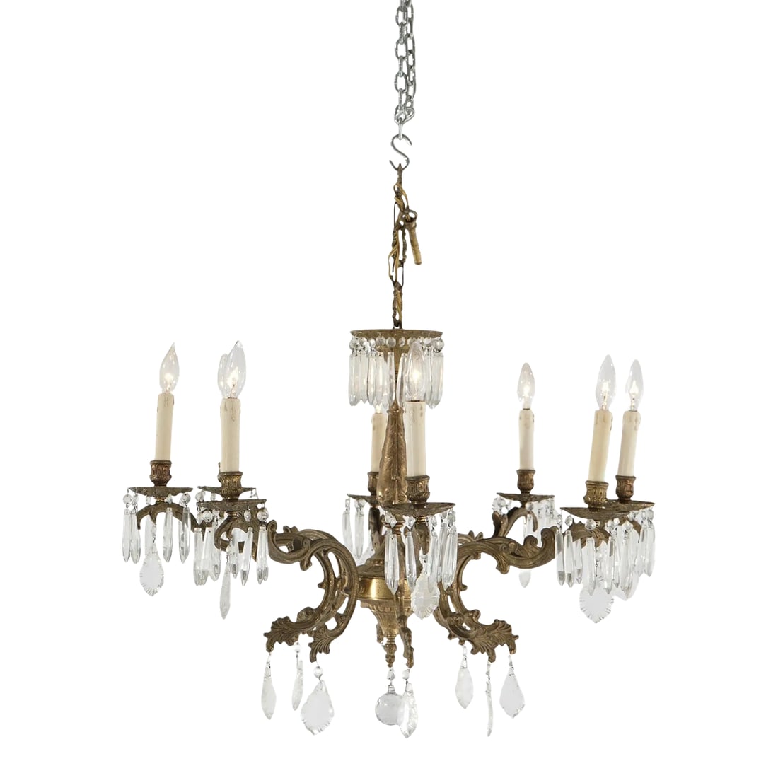 Oversized Antique French Style Brass, Bronze & Crystal 8-Light Chandelier Circa 1940: An oversized antique French style chandelier offers brass and bronze frame with eight scroll and foliate form arms terminating in candle lights; cut crystals throughout; c1940 Measures - 32"h x