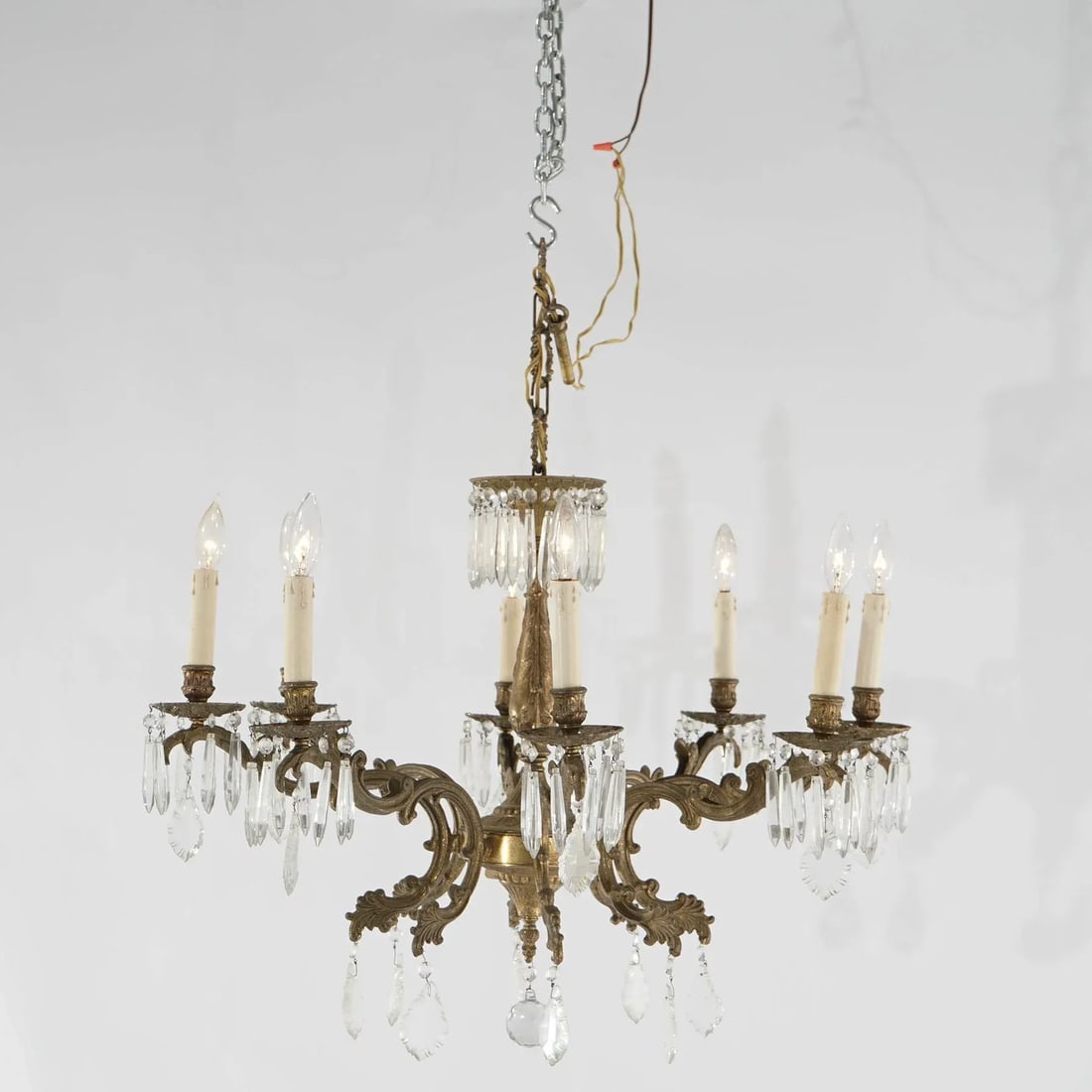 Oversized Antique French Style Brass, Bronze & Crystal 8-Light Chandelier Circa 1940 - 4