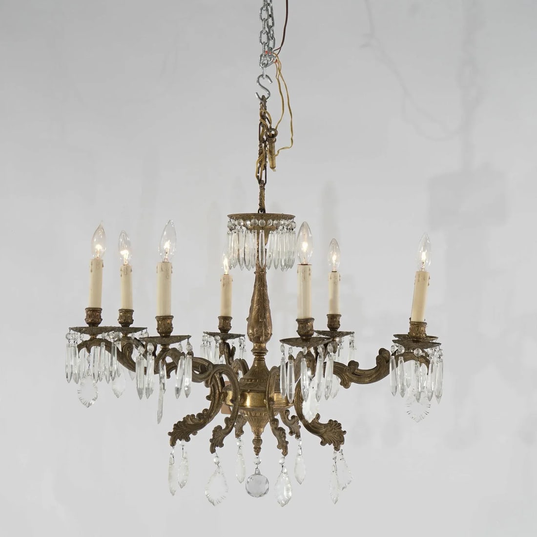 Oversized Antique French Style Brass, Bronze & Crystal 8-Light Chandelier Circa 1940 - 5