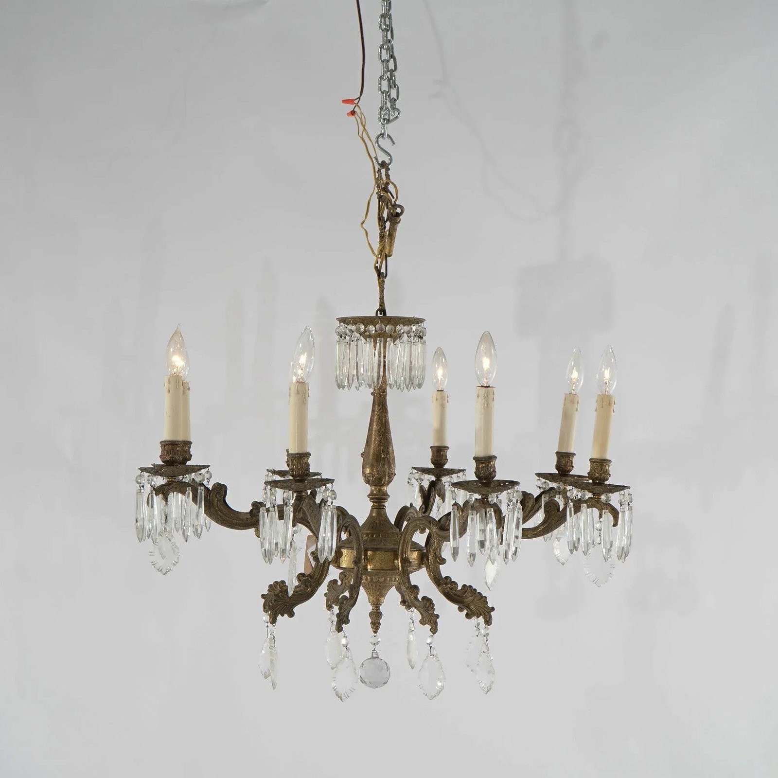 Oversized Antique French Style Brass, Bronze & Crystal 8-Light Chandelier Circa 1940 - 6