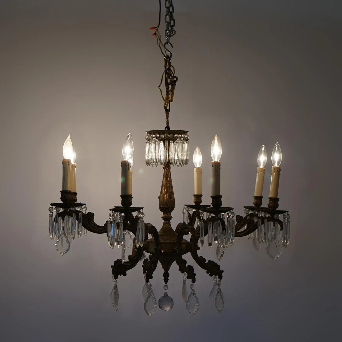 Oversized Antique French Style Brass, Bronze & Crystal 8-Light Chandelier Circa 1940 - 7