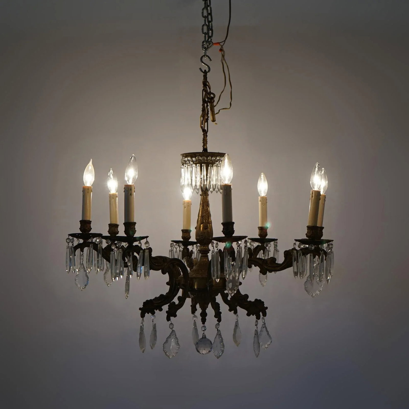 Oversized Antique French Style Brass, Bronze & Crystal 8-Light Chandelier Circa 1940 - 8