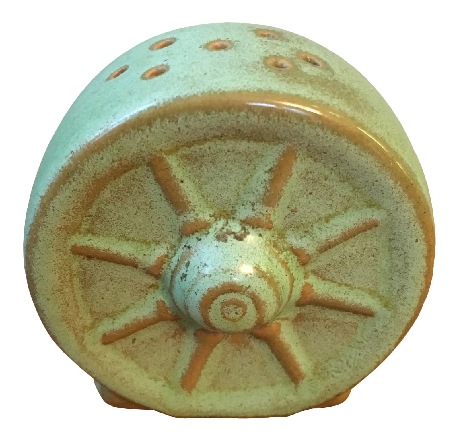 Vintage Green and Brown Frankoma Wagon Wheel Salt/Pepper Shaker: Great condition, just one piece - salt or pepper to complete your collection. Make an offer! Condition: Alterations: Original Condition Unaltered Imperfections: Some Imperfections Condition Notes: no