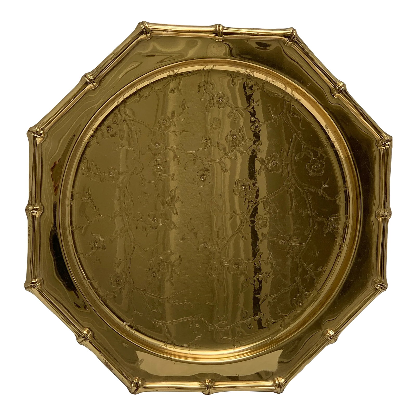 Vintage Brass Cherry Blossom Bamboo Patterned Decor Tray: Asian chinoiserie cherry blossom and bamboo motif etched brass decor tray. Octagonal shape with textured bamboo patterned design and etched cherry blossoms. Elegant decor or candle tray. Condition: