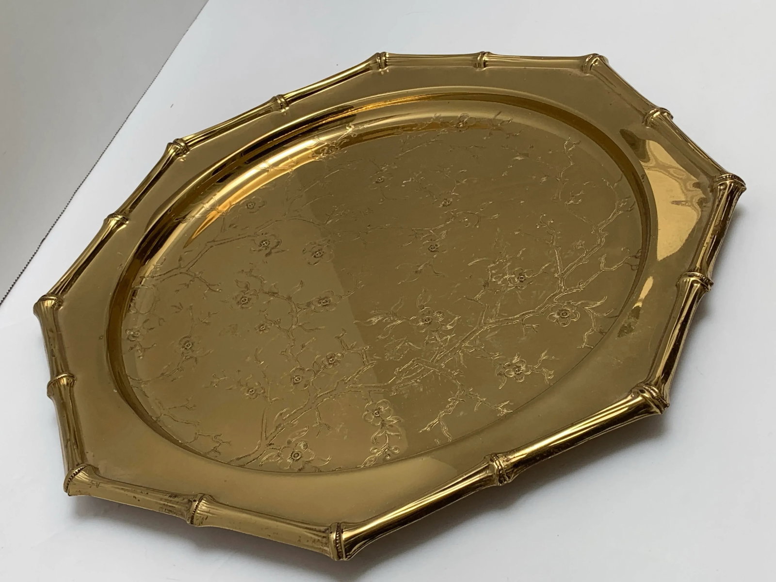 Vintage Brass Cherry Blossom Bamboo Patterned Decor Tray - 6