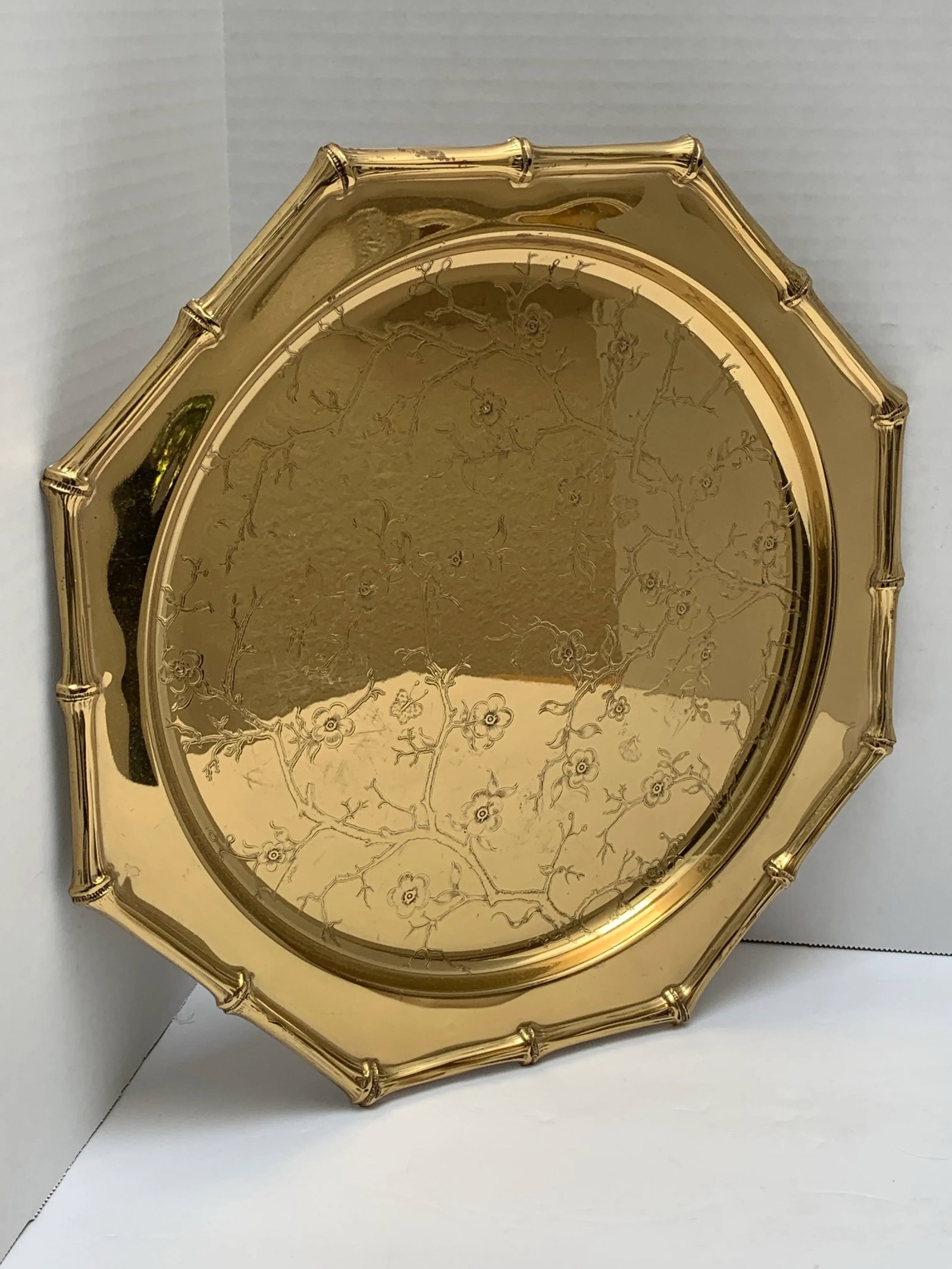 Vintage Brass Cherry Blossom Bamboo Patterned Decor Tray - 7