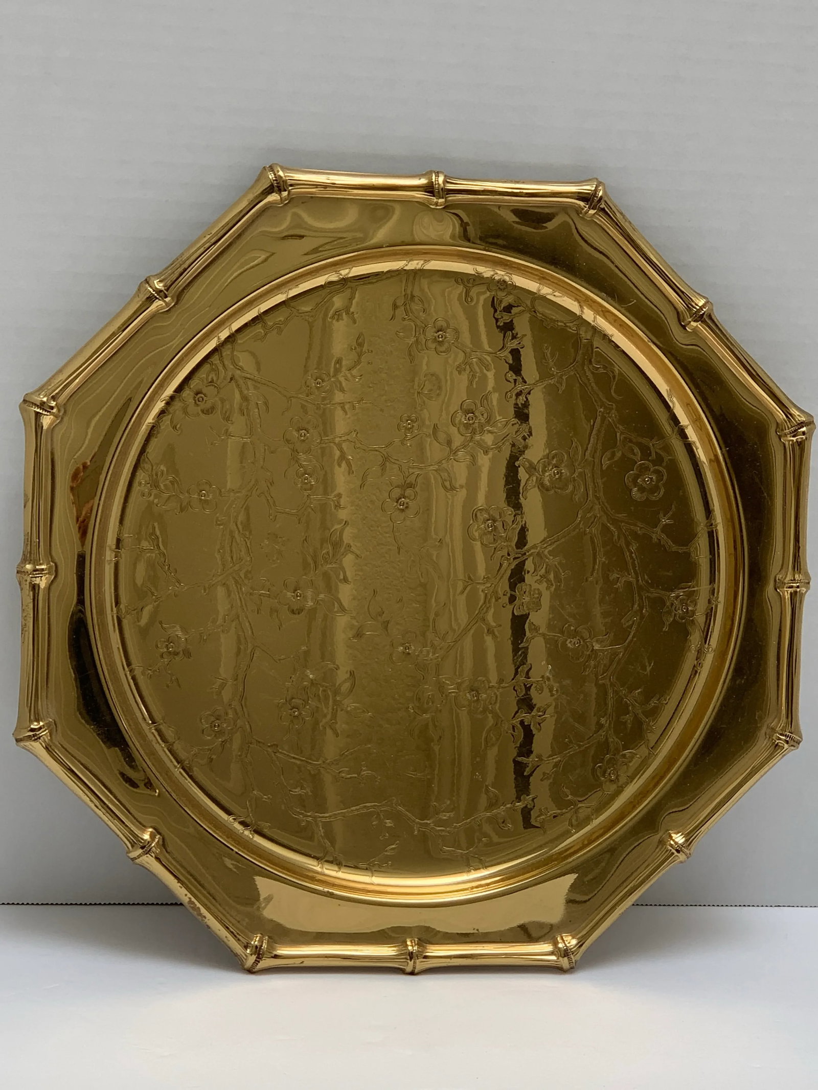 Vintage Brass Cherry Blossom Bamboo Patterned Decor Tray - 9